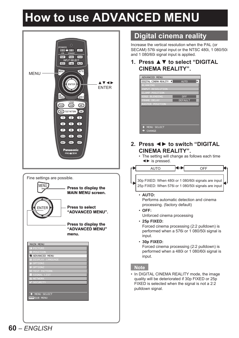 How to use advanced menu, Digital cinema reality, English | Panasonic PT-D10000E User Manual | Page 60 / 122