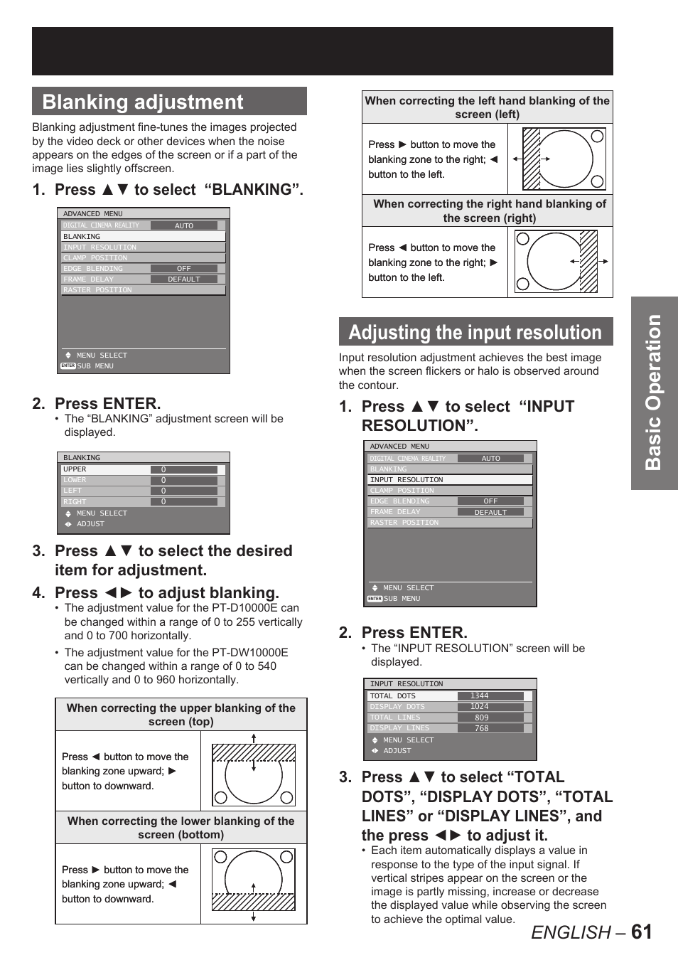 Basic operation, 61 blanking adjustment, Adjusting the input resolution | English, Press ▲▼ to select “blanking”. 2. press enter | Panasonic PT-D10000E User Manual | Page 61 / 122