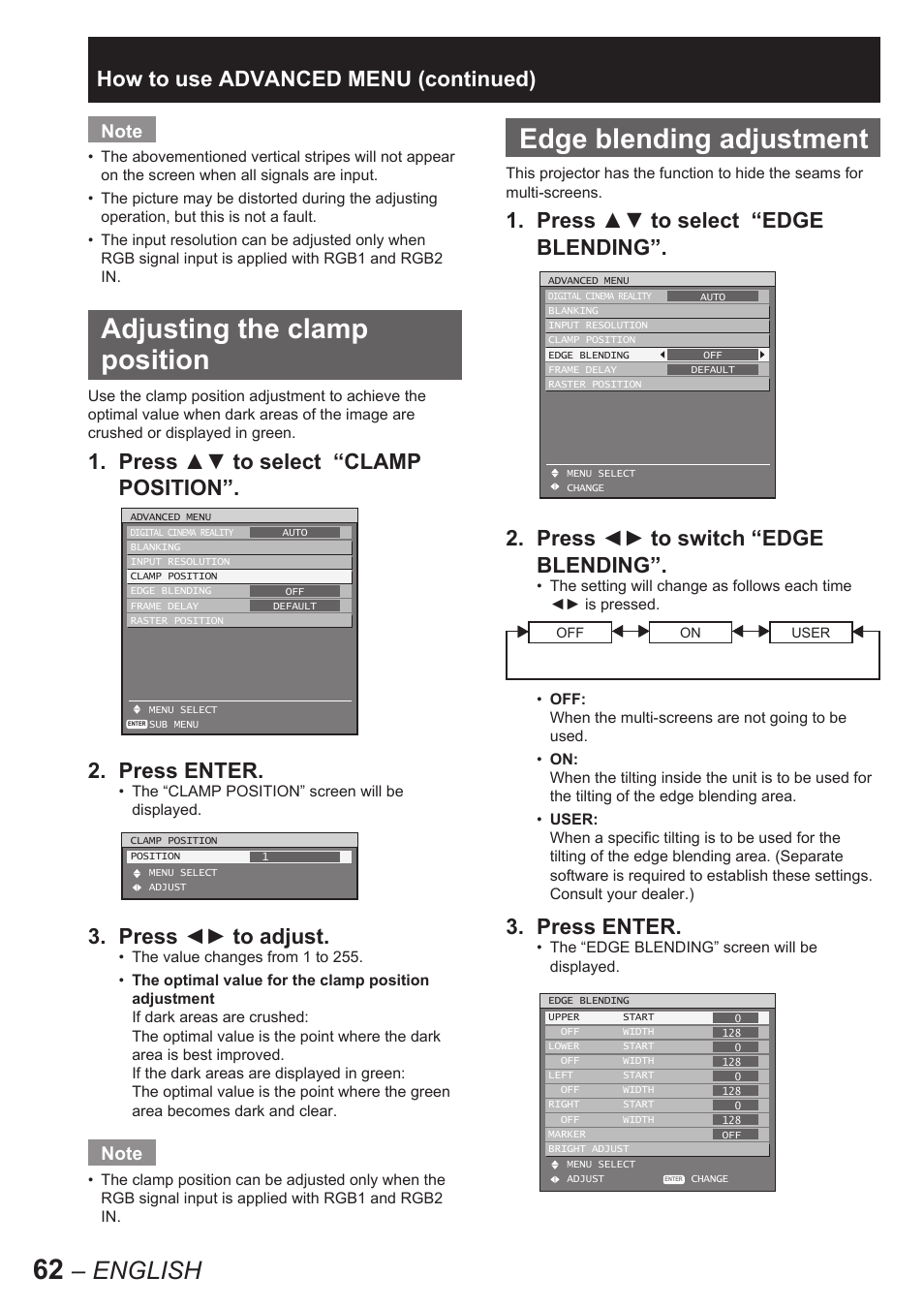 Adjusting the clamp position, Edge blending adjustment, English | Press ◄► to adjust, Press enter, How to use advanced menu (continued) | Panasonic PT-D10000E User Manual | Page 62 / 122