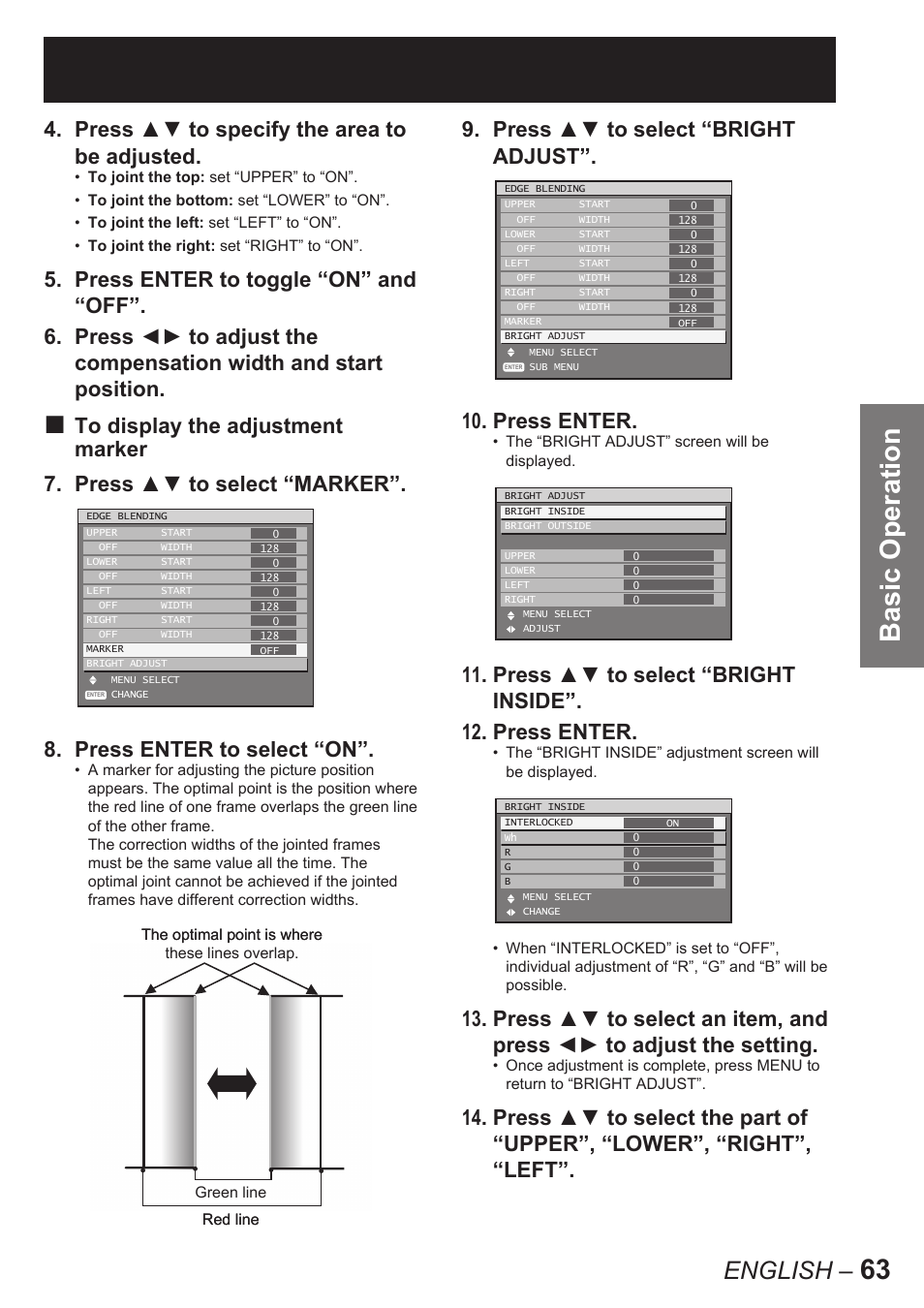 Basic operation, English, Press ▲▼ to specify the area to be adjusted | Panasonic PT-D10000E User Manual | Page 63 / 122