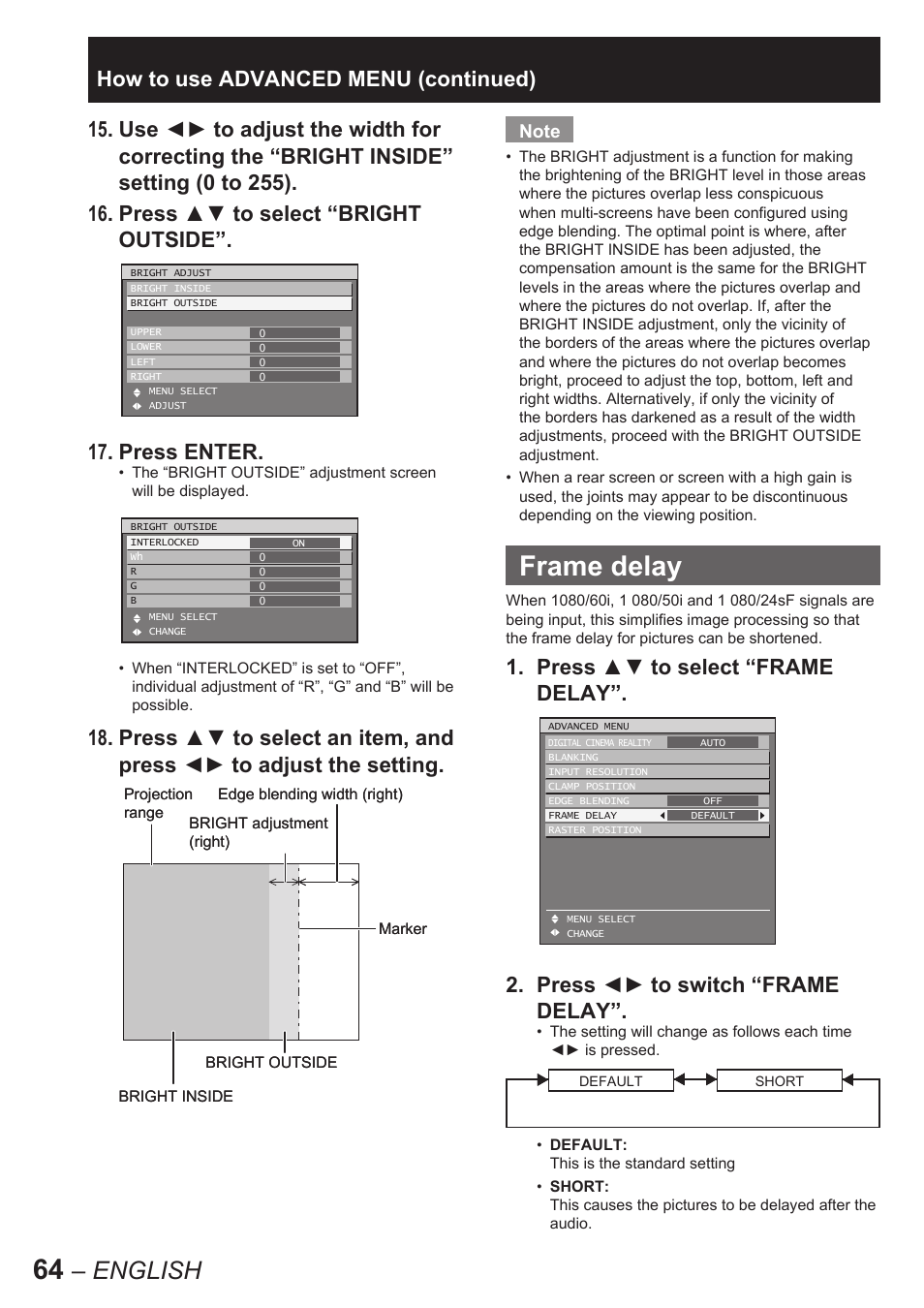 Frame delay, English, How to use advanced menu (continued) | Panasonic PT-D10000E User Manual | Page 64 / 122