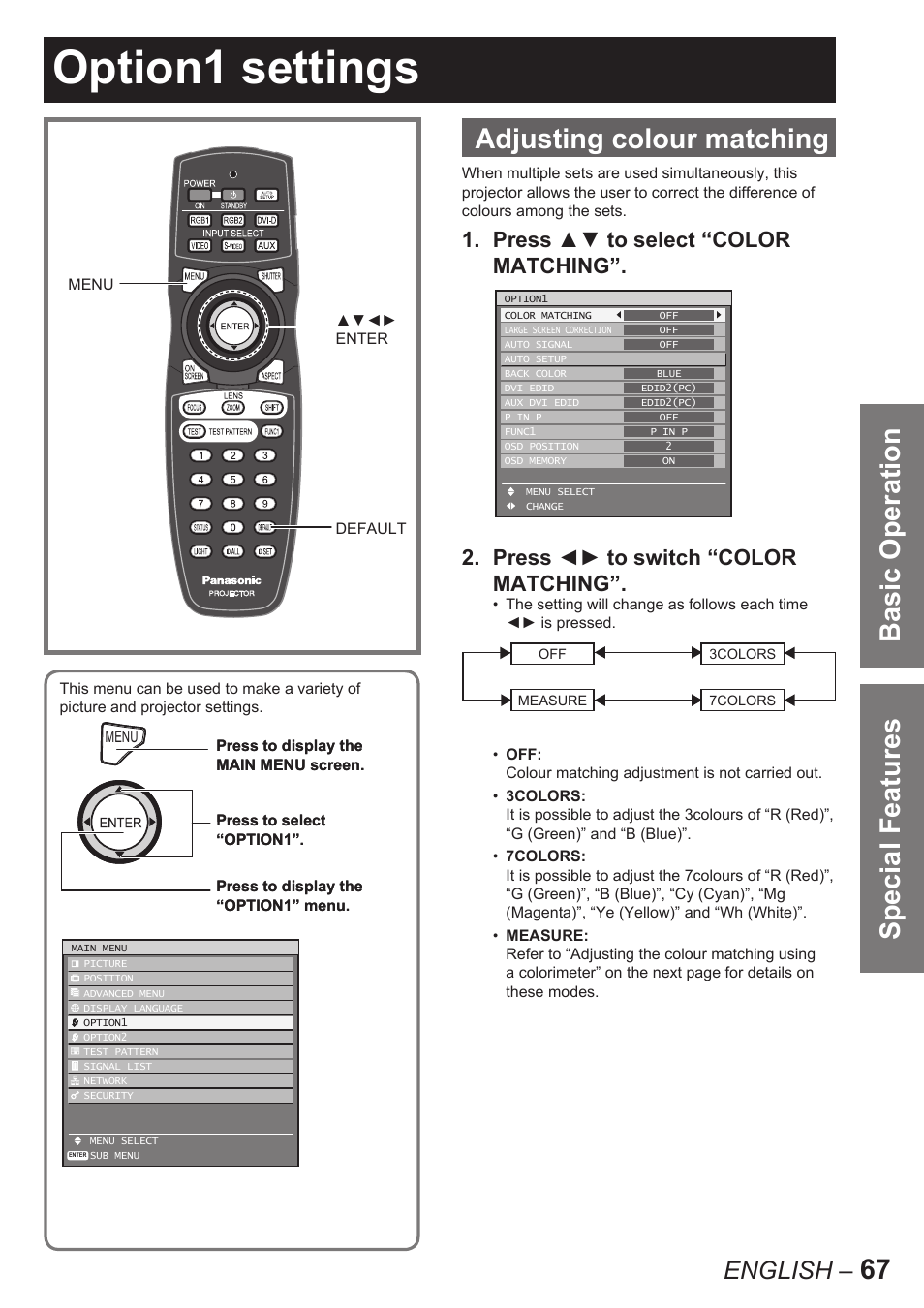 Option1 settings, Special features, Adjusting colour matching | Basic operation, English | Panasonic PT-D10000E User Manual | Page 67 / 122