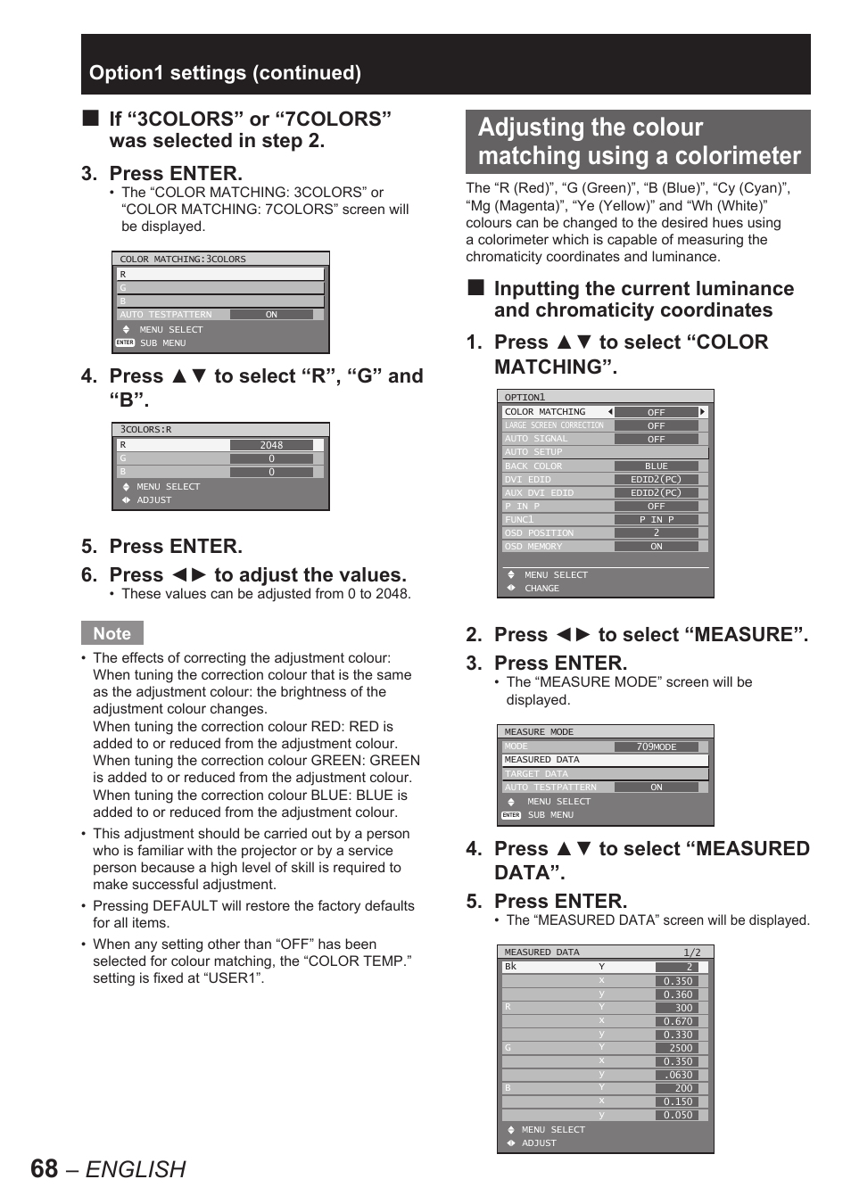 Adjusting the colour matching using a colorimeter, English, Press ▲▼ to select “measured data”. 5. press enter | Panasonic PT-D10000E User Manual | Page 68 / 122