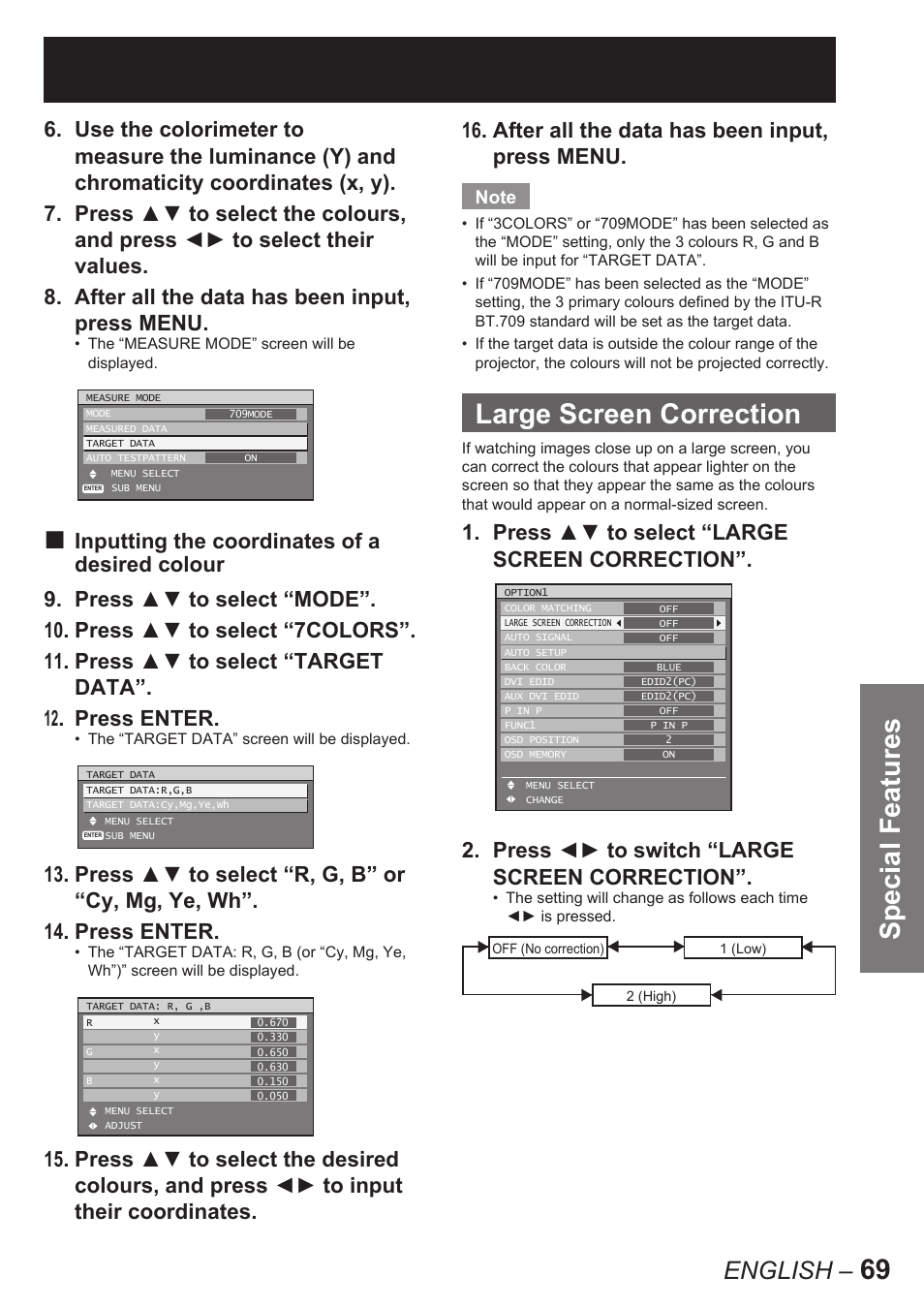 Special features, Large screen correction, English | After all the data has been input, press menu | Panasonic PT-D10000E User Manual | Page 69 / 122