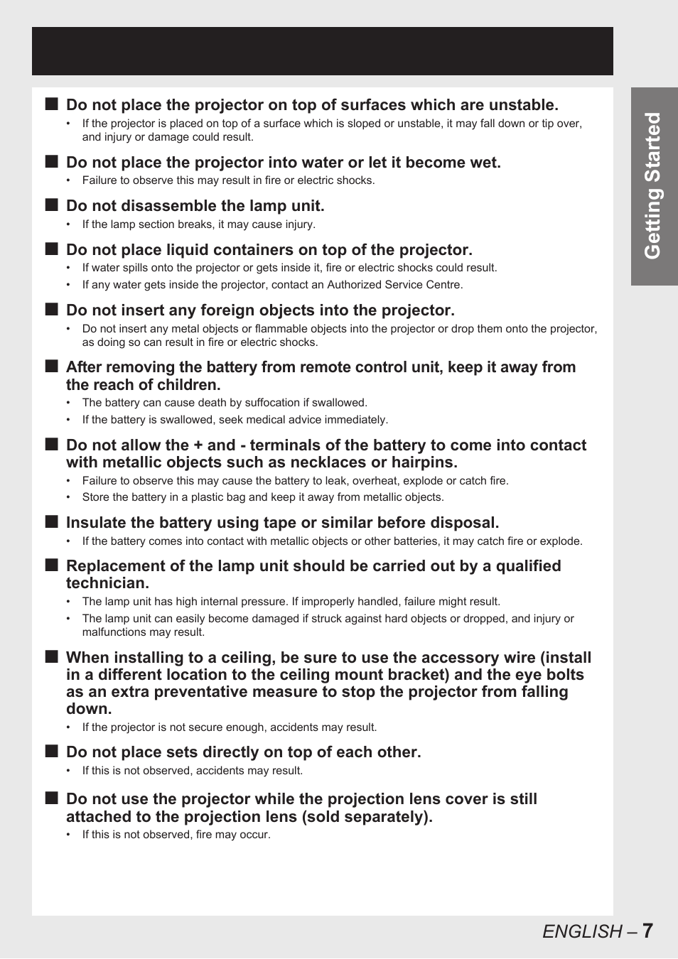 Getting started | Panasonic PT-D10000E User Manual | Page 7 / 122