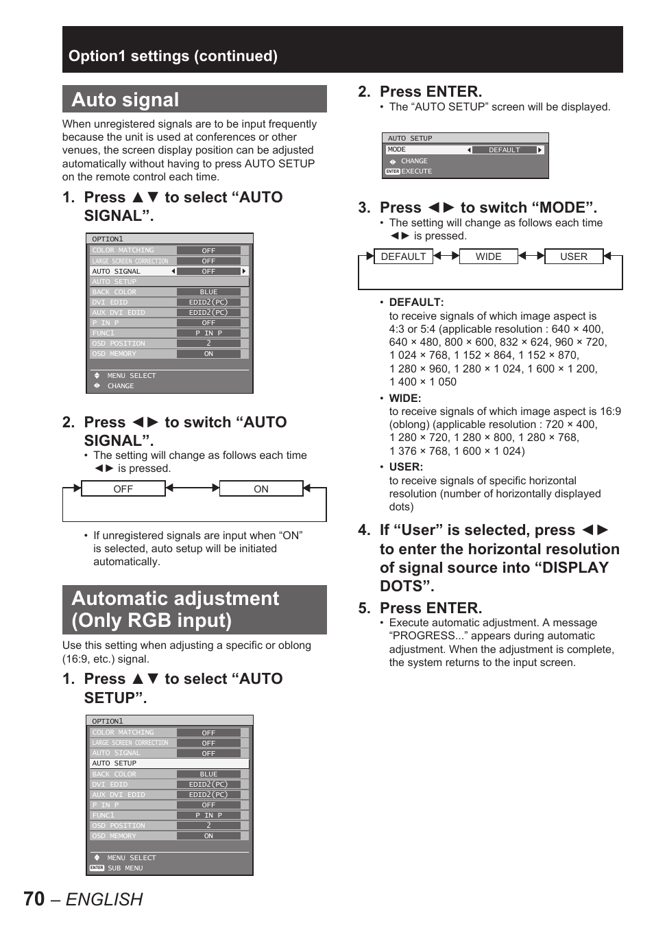 Auto signal, Automatic adjustment (only rgb input), English | Press ▲▼ to select “auto setup, Option1 settings (continued) 2. press enter, Press ◄► to switch “mode | Panasonic PT-D10000E User Manual | Page 70 / 122