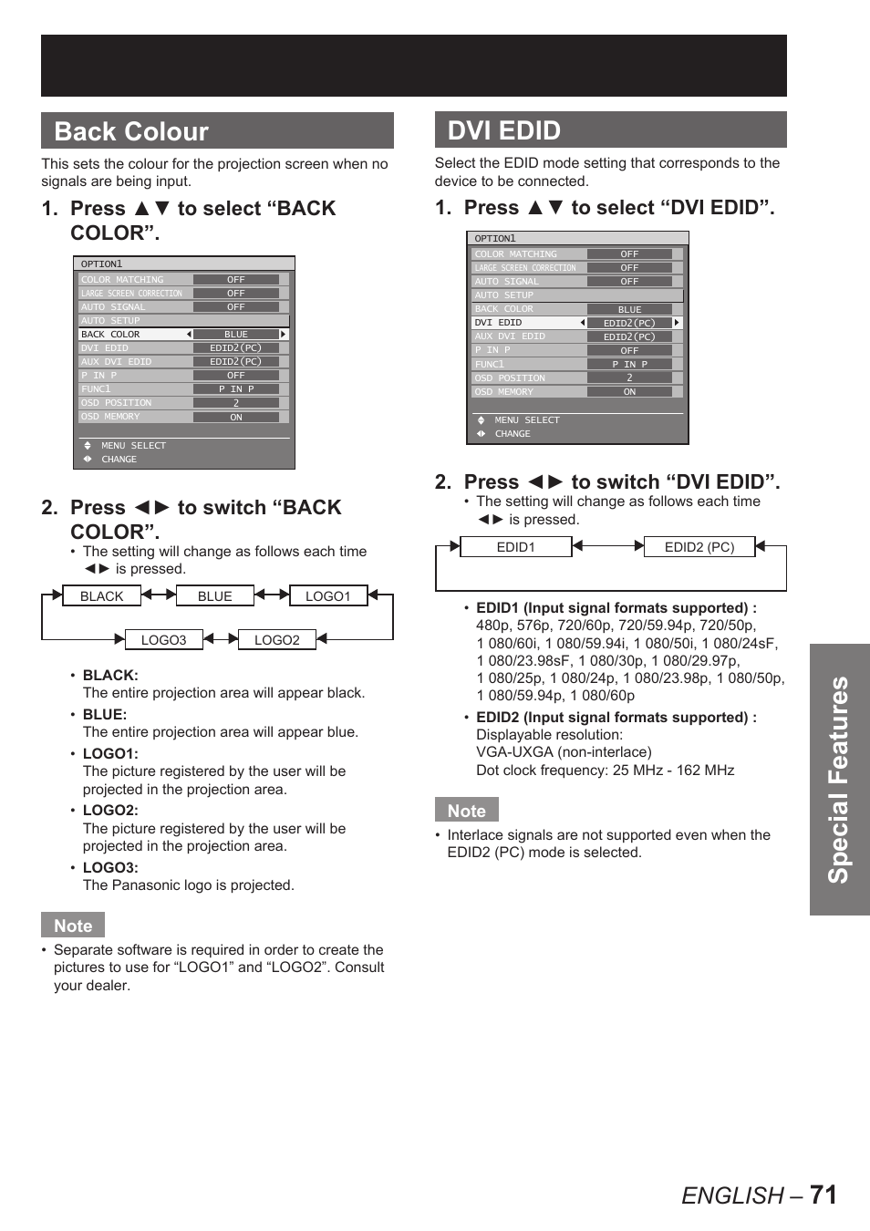 Special features, 71 back colour, Dvi edid | English | Panasonic PT-D10000E User Manual | Page 71 / 122