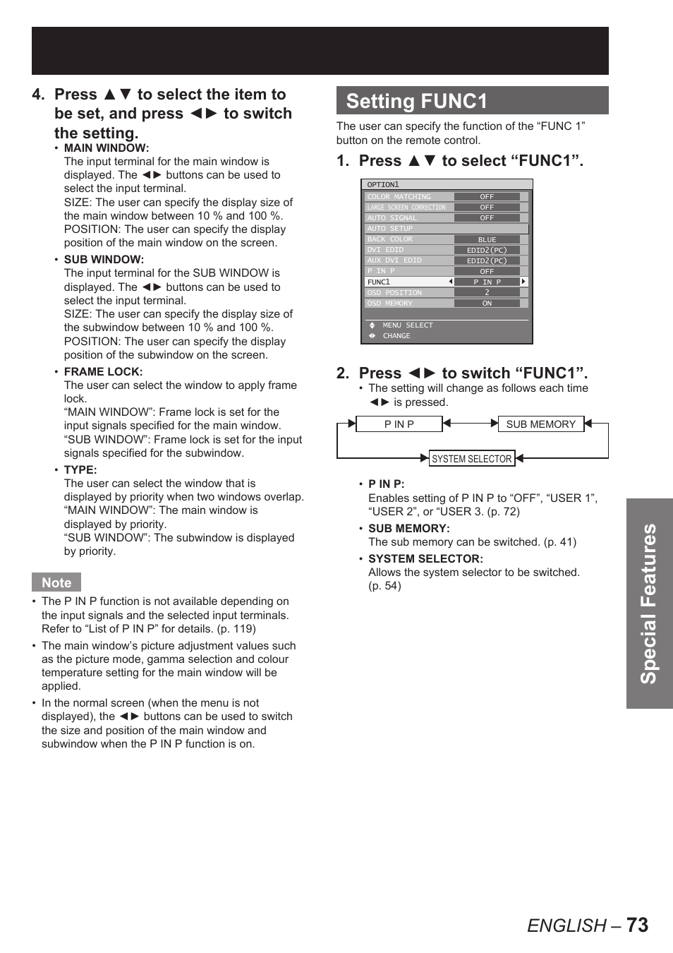 Special features, Setting func1, English | Panasonic PT-D10000E User Manual | Page 73 / 122