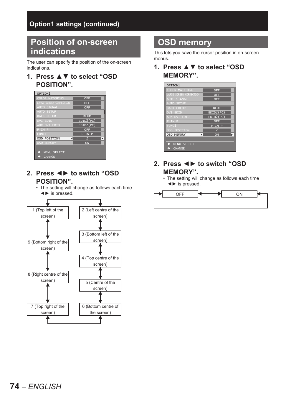 Position of on-screen indications, English, Option1 settings (continued) | Panasonic PT-D10000E User Manual | Page 74 / 122