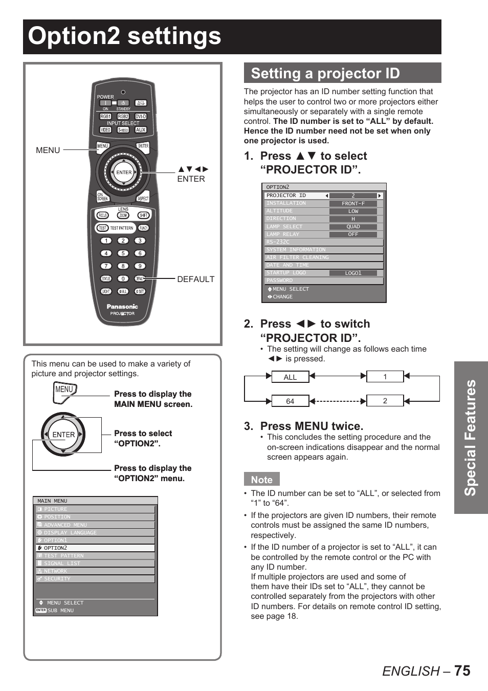 Option2 settings, Special features, 75 setting a projector id | English, Press menu twice | Panasonic PT-D10000E User Manual | Page 75 / 122
