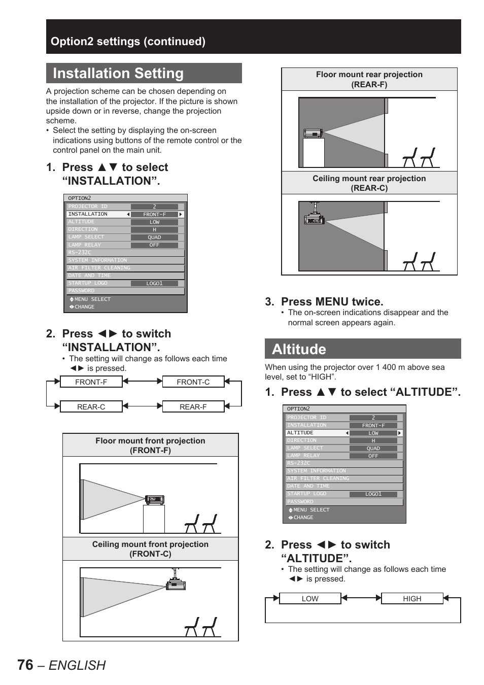 Installation setting, Altitude, English | Option2 settings (continued), Press menu twice | Panasonic PT-D10000E User Manual | Page 76 / 122