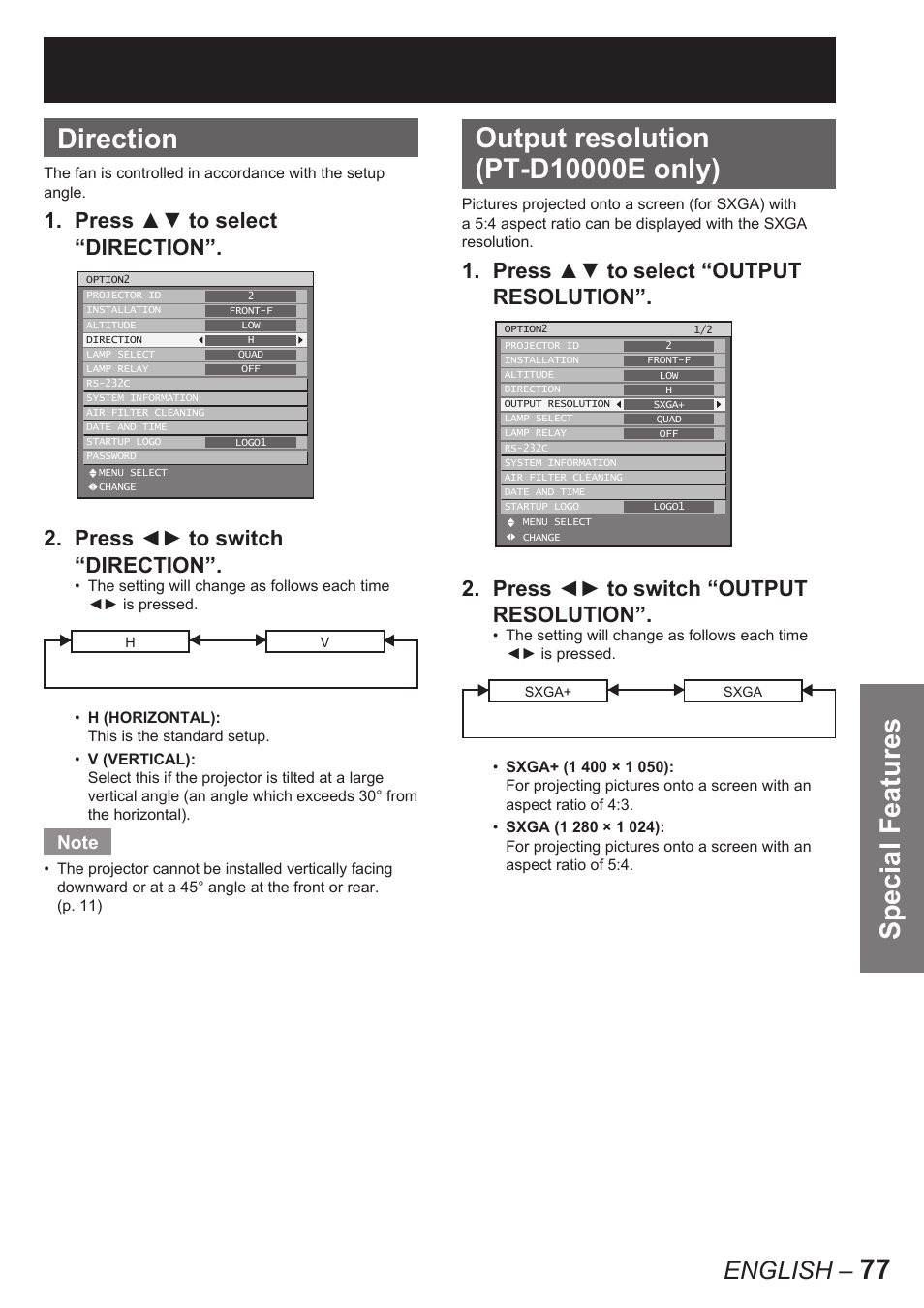 Special features, 77 direction, English | Panasonic PT-D10000E User Manual | Page 77 / 122