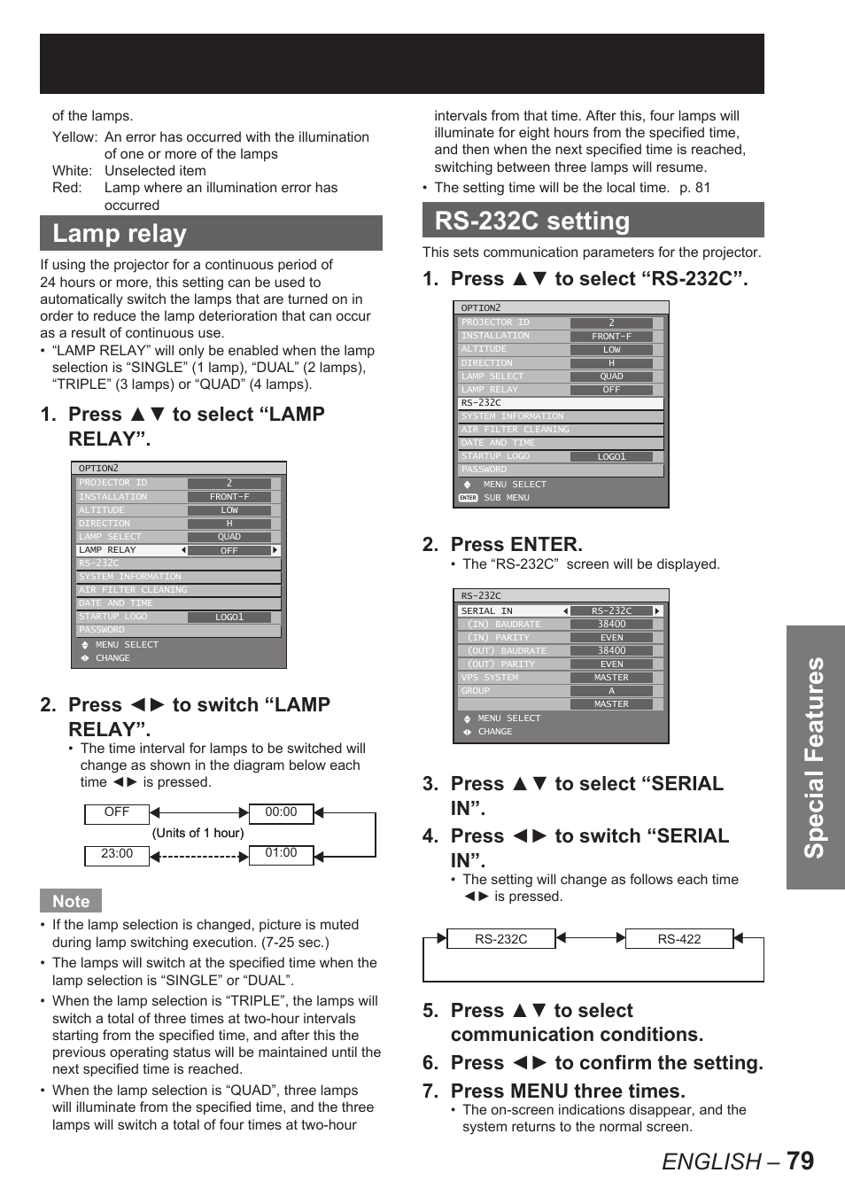 Special features, Lamp relay, Rs-232c setting | English, Press ▲▼ to select “rs-232c”. 2. press enter | Panasonic PT-D10000E User Manual | Page 79 / 122