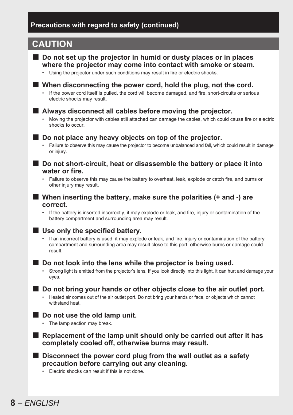 Caution | Panasonic PT-D10000E User Manual | Page 8 / 122