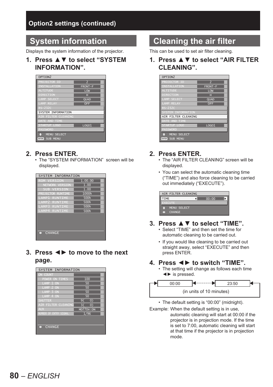 System information, Cleaning the air filter, English | Option2 settings (continued), Press ◄► to move to the next page, Press ▲▼ to select “time, Press ◄► to switch “time | Panasonic PT-D10000E User Manual | Page 80 / 122