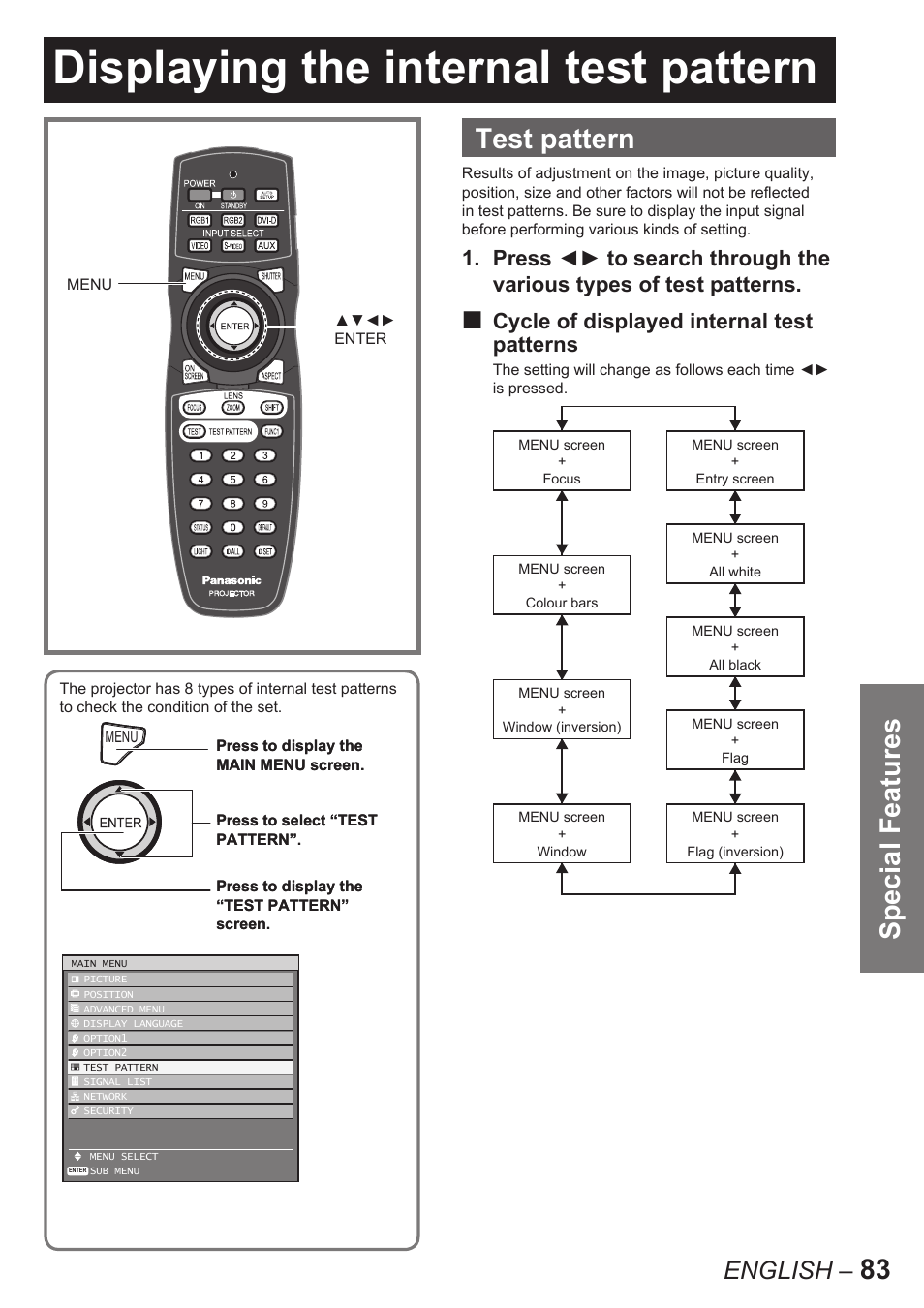Displaying the internal test pattern, Special features, Test pattern | English | Panasonic PT-D10000E User Manual | Page 83 / 122