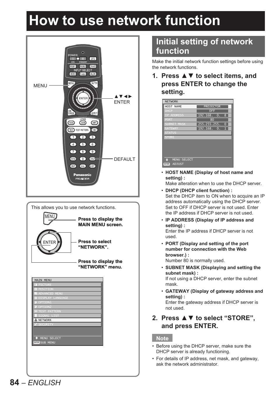 How to use network function, Initial setting of network function, English | Press ▲▼ to select “store”, and press enter | Panasonic PT-D10000E User Manual | Page 84 / 122