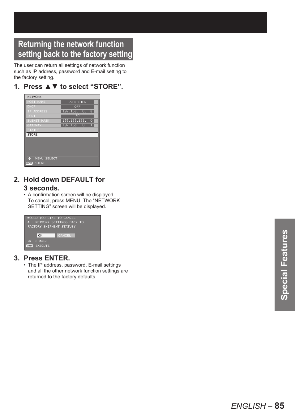 Special features, English, Press enter | Panasonic PT-D10000E User Manual | Page 85 / 122