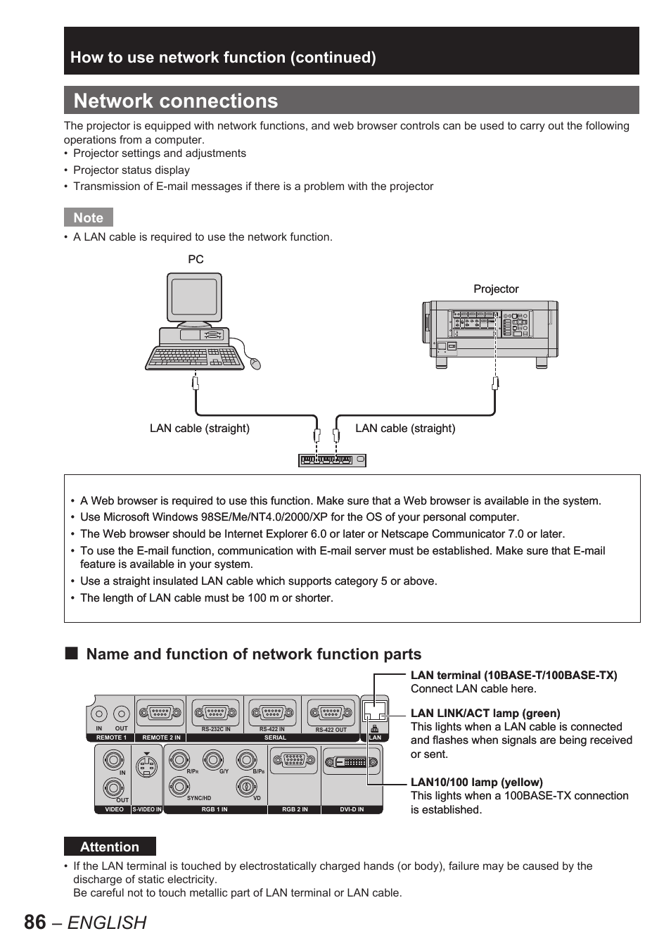 Network connections, English, Name and function of network function parts | How to use network function (continued), Attention | Panasonic PT-D10000E User Manual | Page 86 / 122