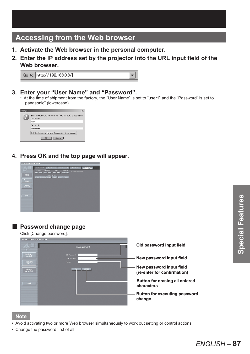 Special features, 87 accessing from the web browser, English | Panasonic PT-D10000E User Manual | Page 87 / 122