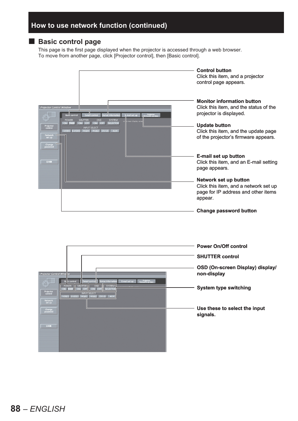 English, Basic control page, How to use network function (continued) | Panasonic PT-D10000E User Manual | Page 88 / 122
