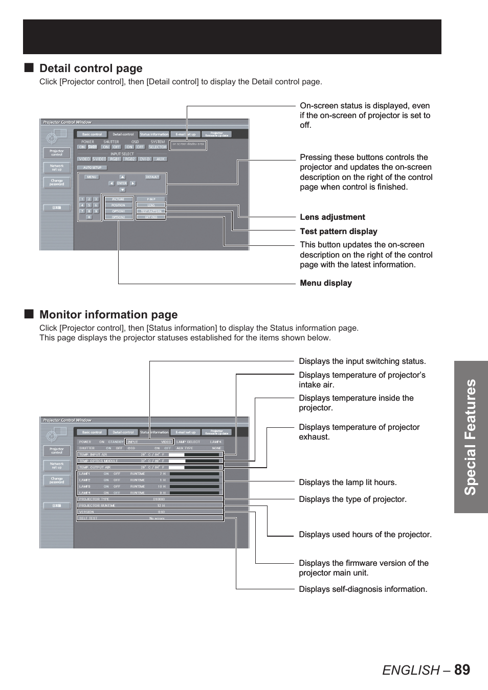 Special features, English | Panasonic PT-D10000E User Manual | Page 89 / 122