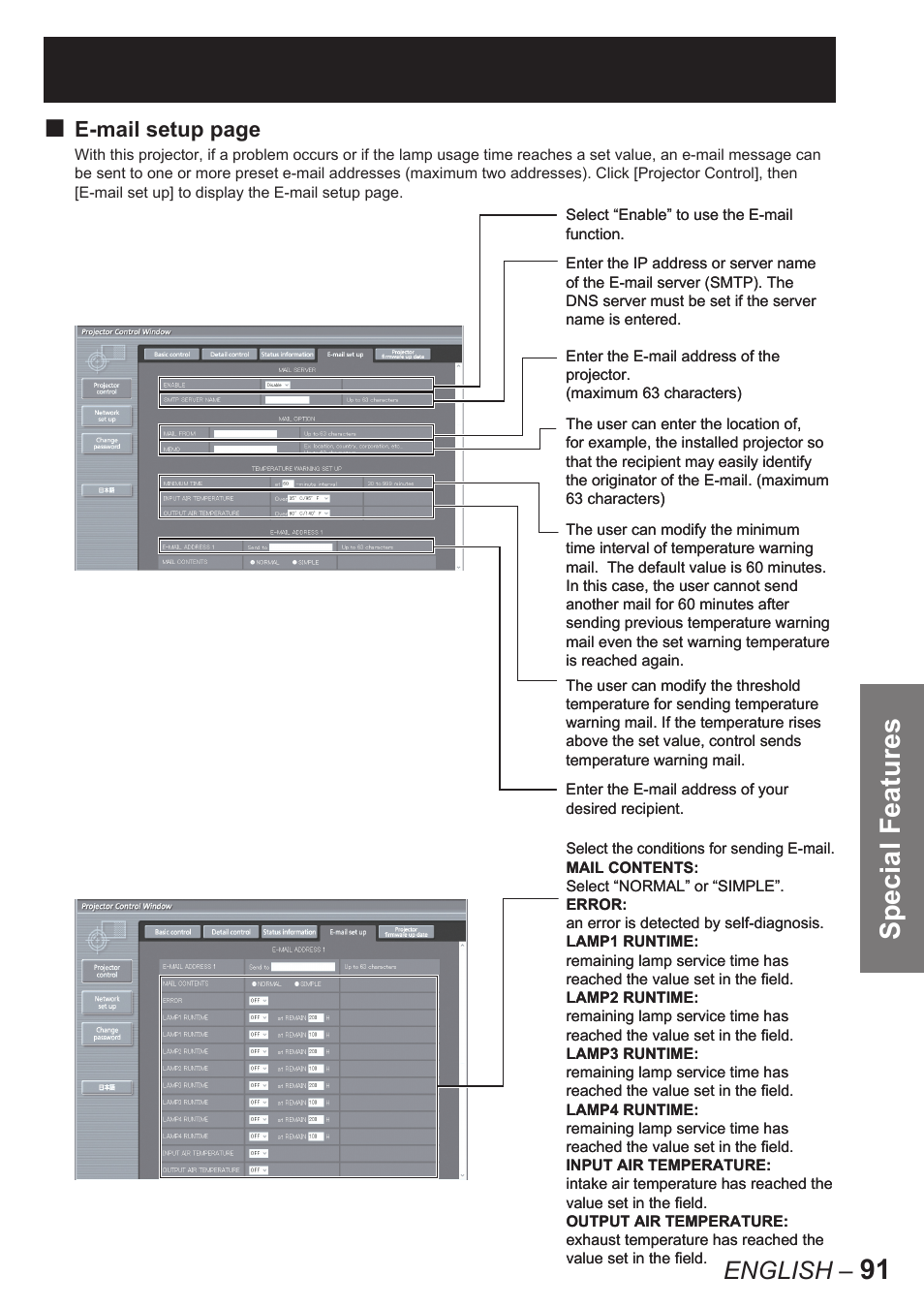 Special features, English | Panasonic PT-D10000E User Manual | Page 91 / 122