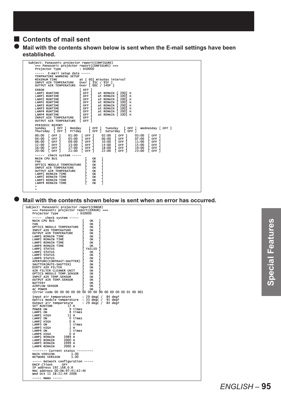 Special features, English | Panasonic PT-D10000E User Manual | Page 95 / 122