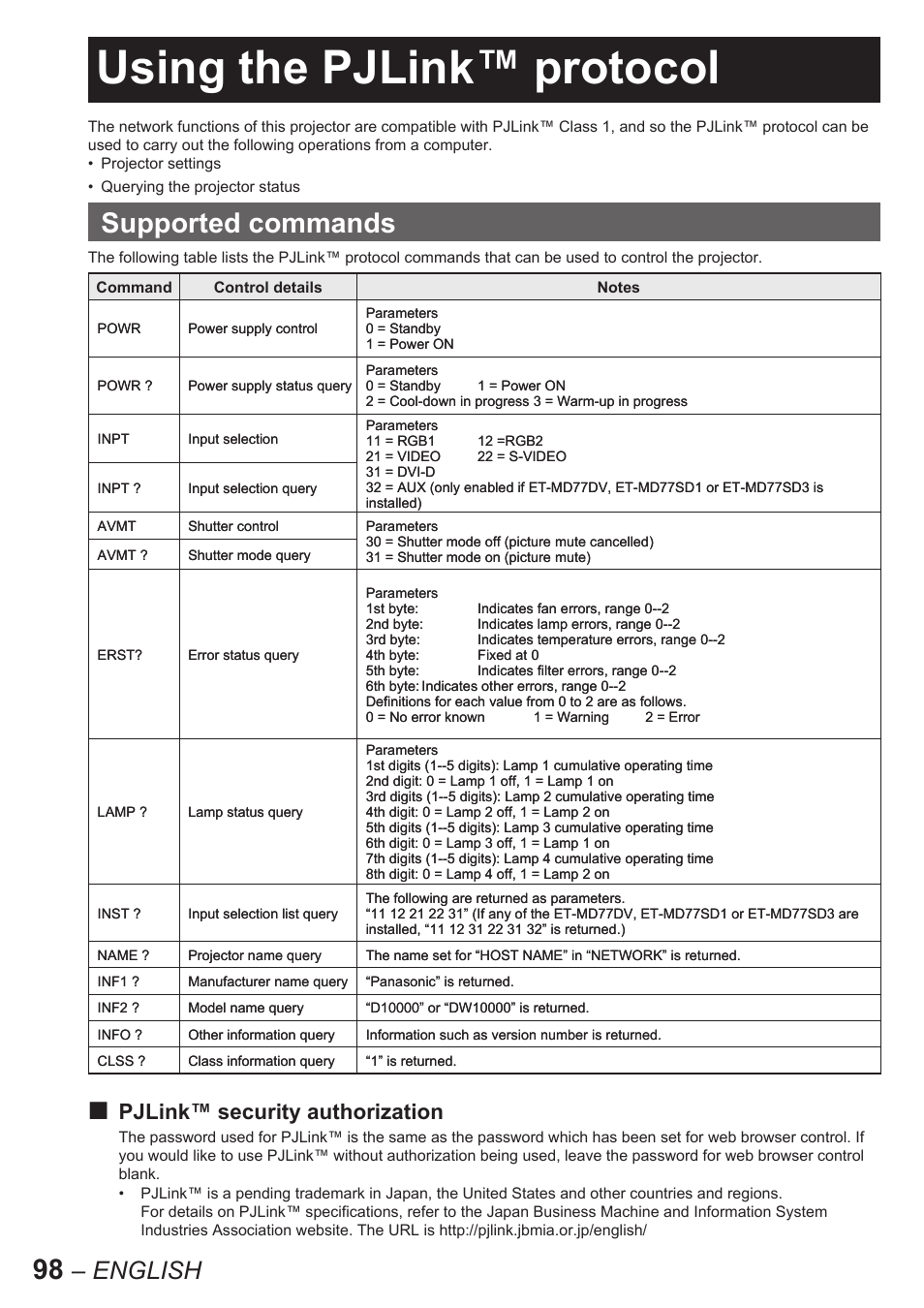 Using the pjlink™ protocol, Supported commands, English | Pjlink™ security authorization | Panasonic PT-D10000E User Manual | Page 98 / 122