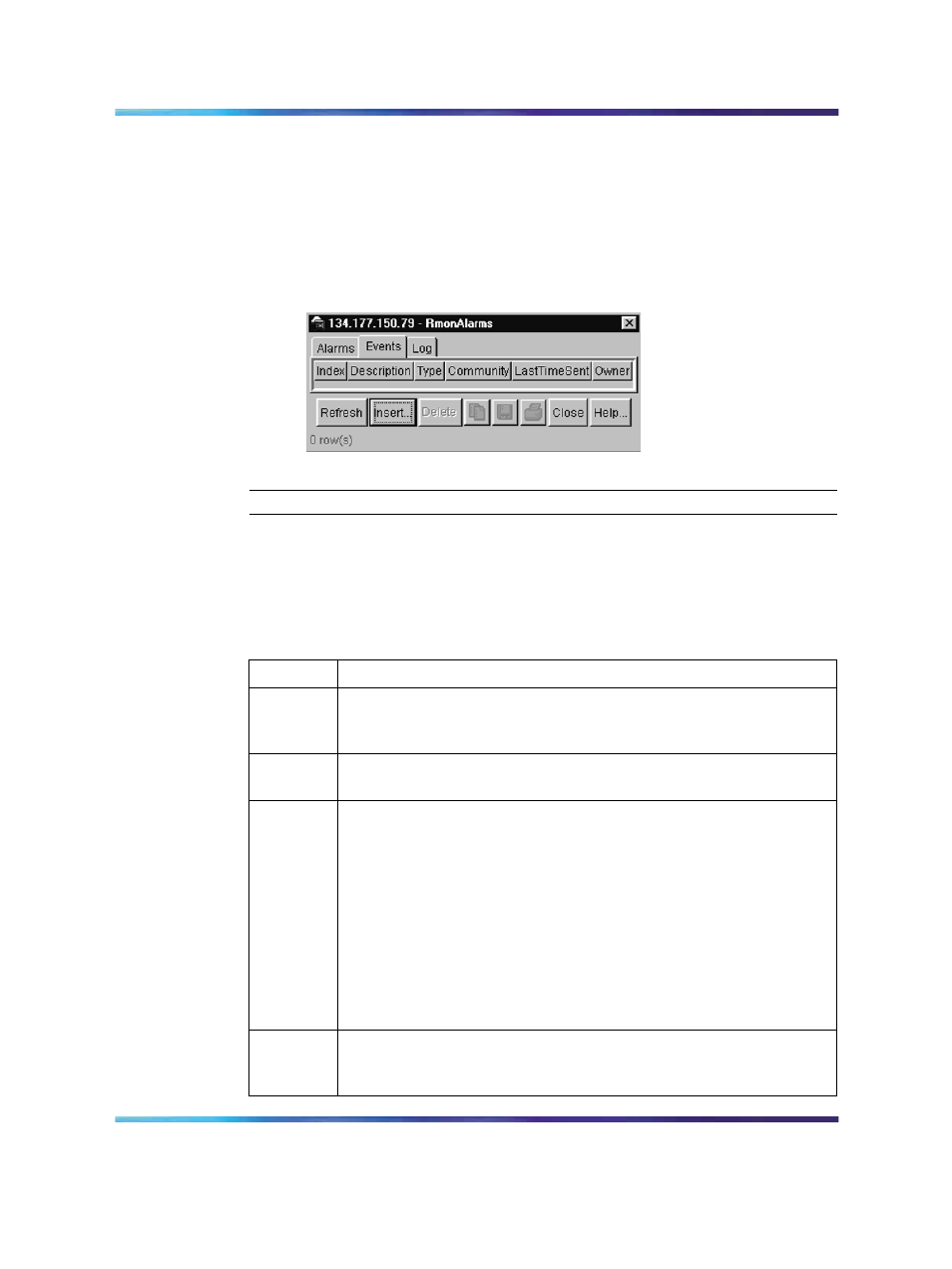 Figure 44 rmonalarms dialog box -- events tab, Table 46 events tab fields | Panasonic 470 User Manual | Page 107 / 132