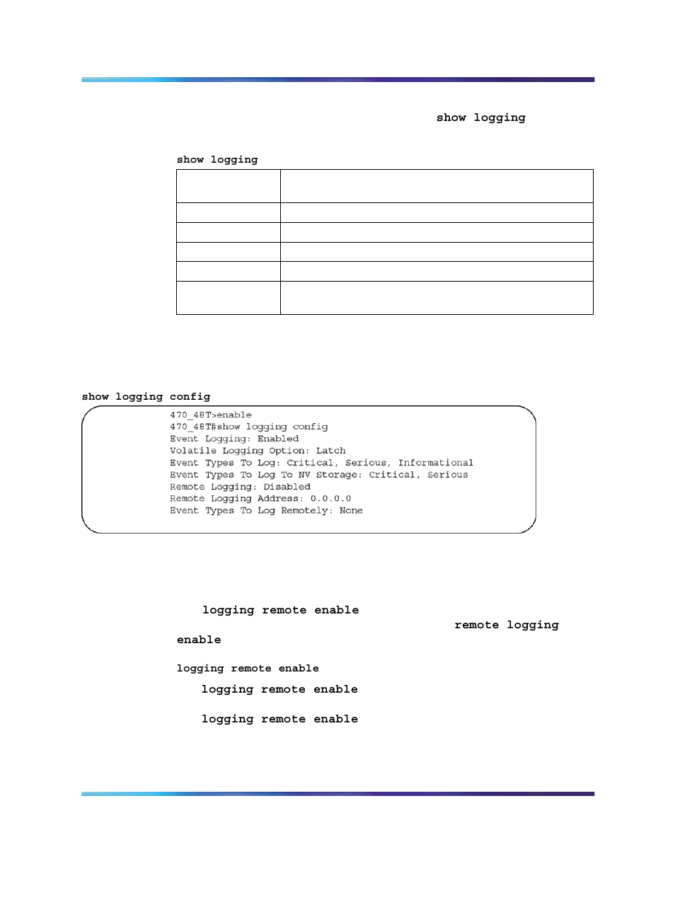 Logging remote enable command, Figure 9 show logging config command output | Panasonic 470 User Manual | Page 36 / 132