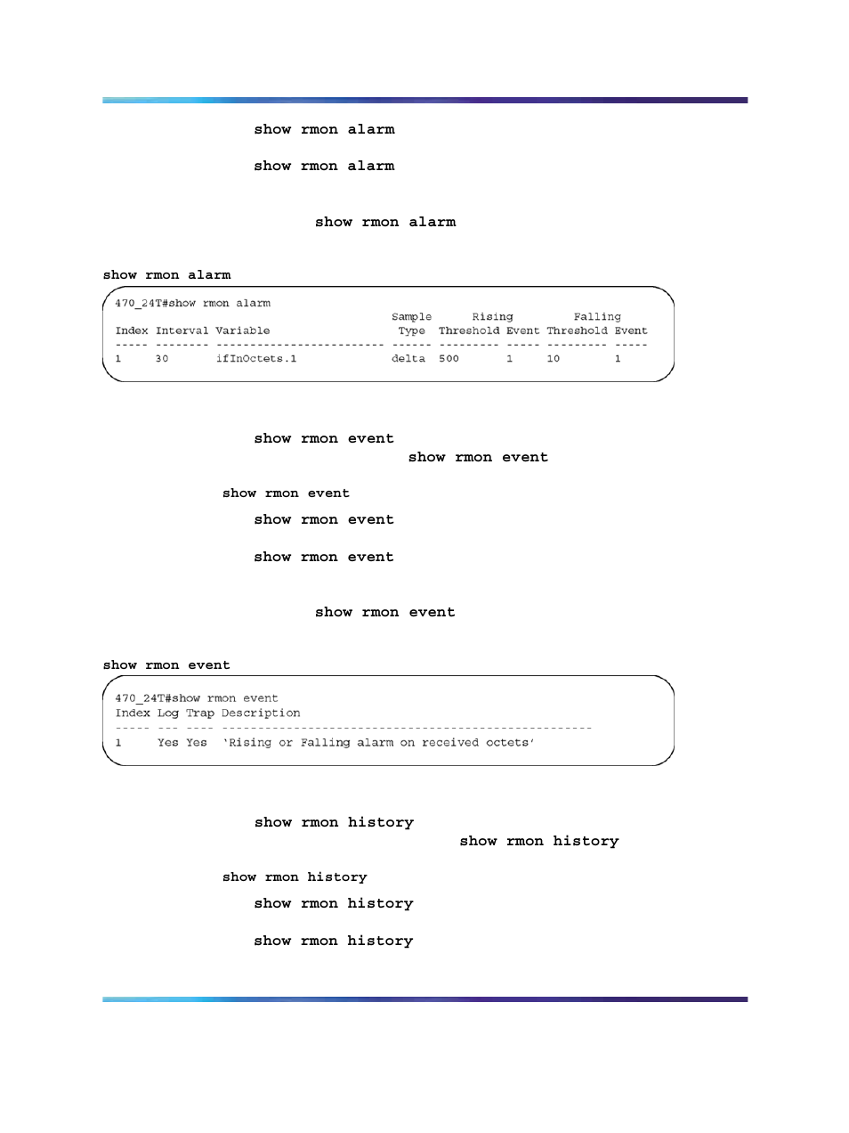 Show rmon event, Show rmon history, Figure 29 show rmon alarm command output | Figure 30 show rmon event command output | Panasonic 470 User Manual | Page 84 / 132