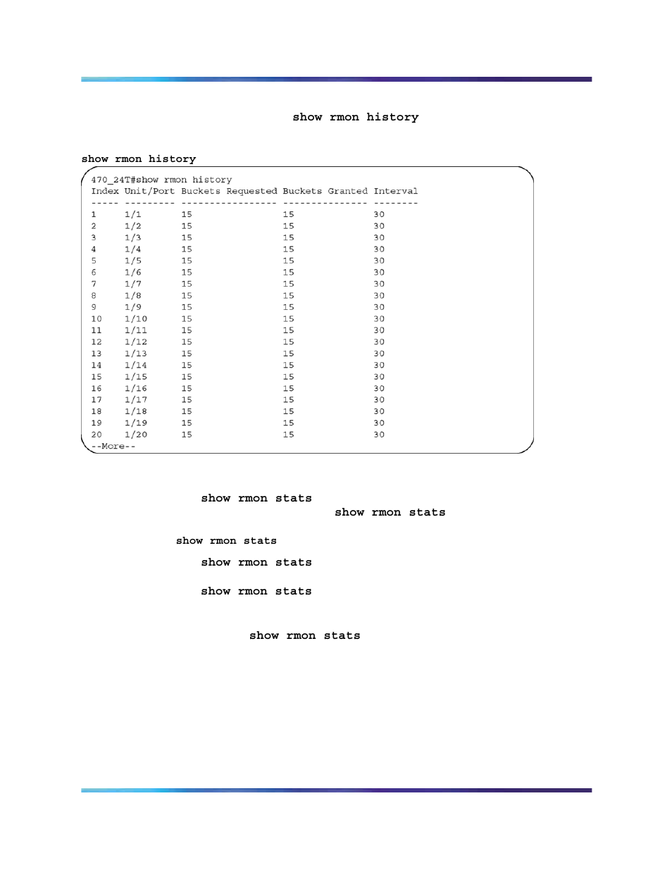 Show rmon stats, Figure 31 show rmon history command output | Panasonic 470 User Manual | Page 85 / 132