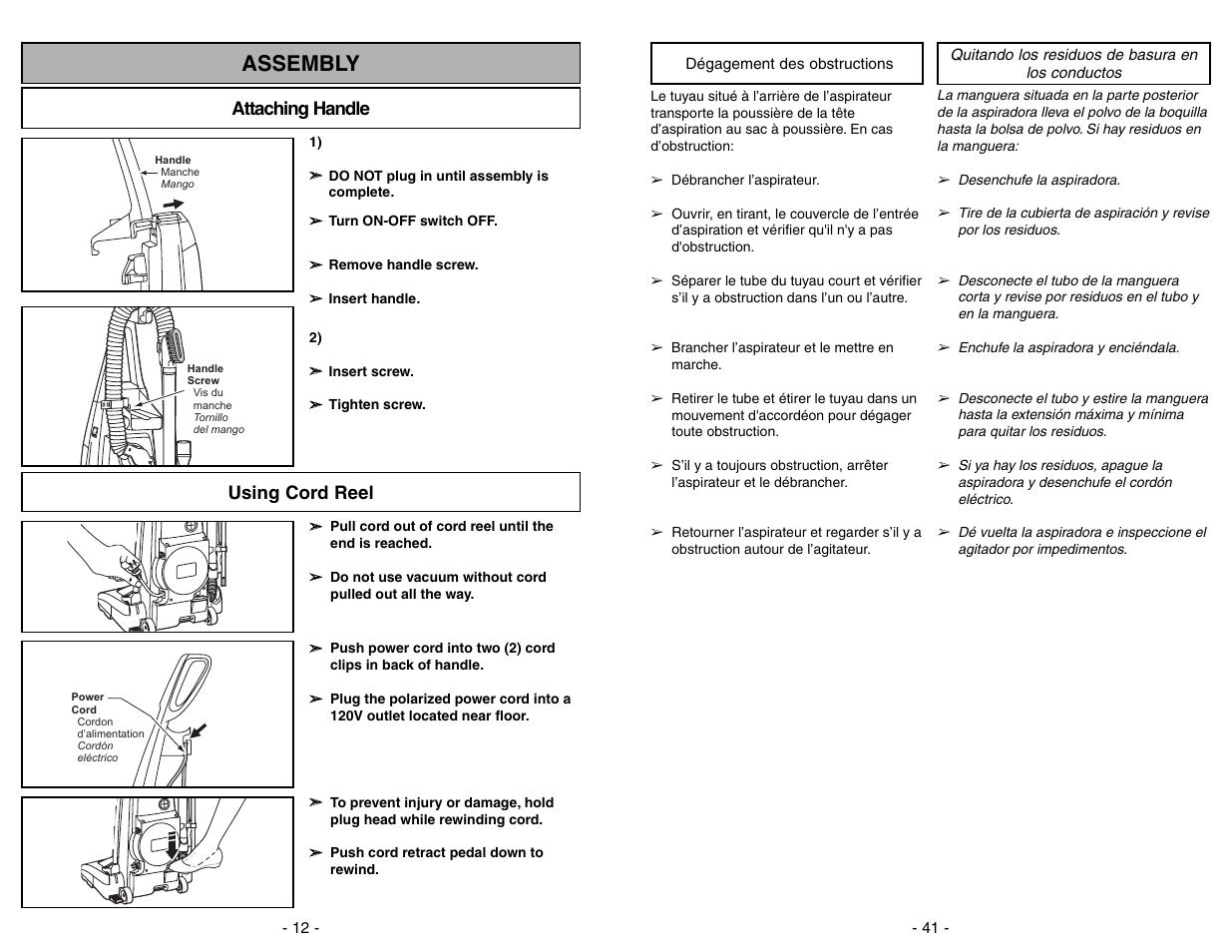 Assembly, Attaching handle, Using cord reel | Off on | Panasonic MC-V7312 User Manual | Page 12 / 52