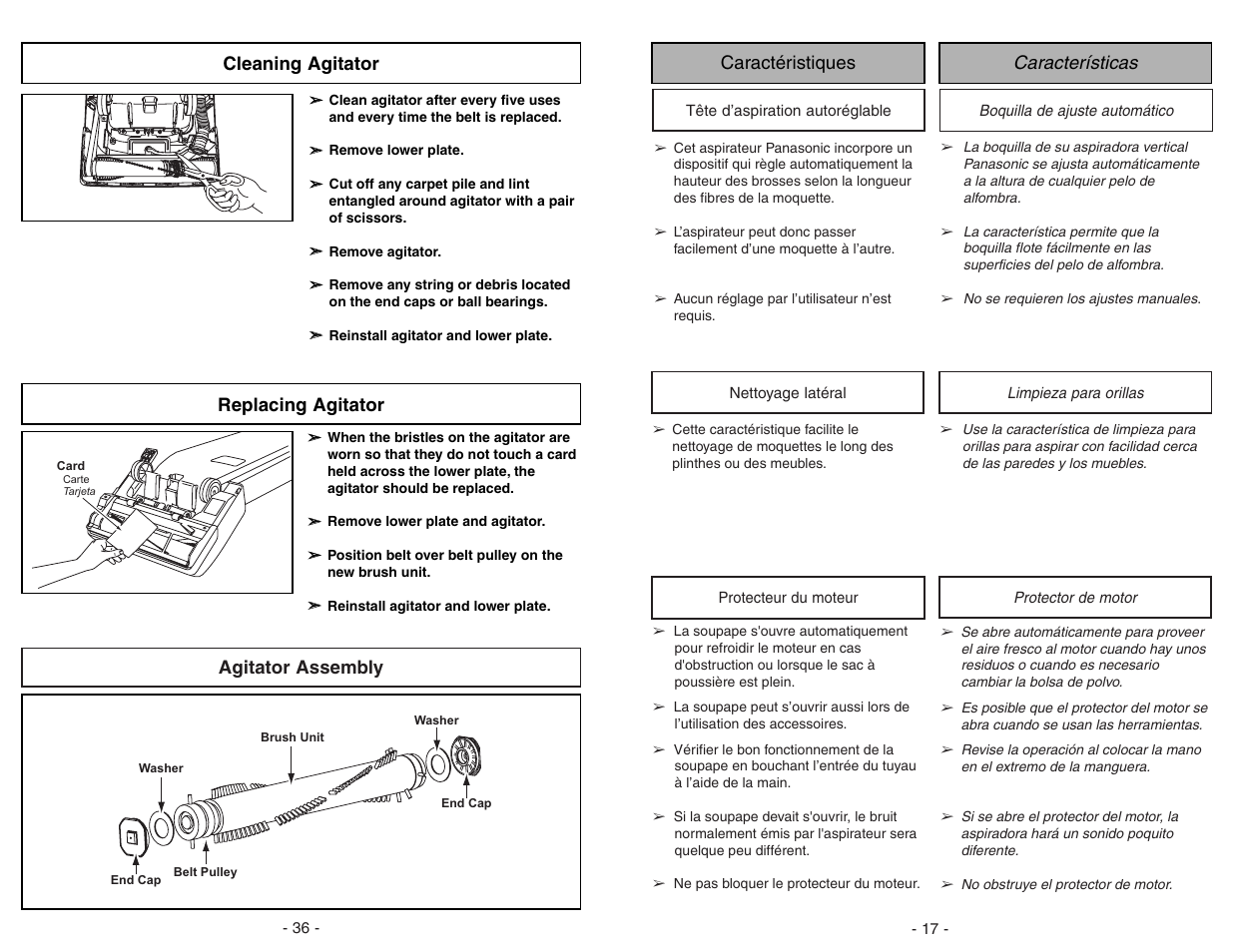Caracteristiques, Tete d'aspiration autoreglable, Nettoyage lateral | Protecteur du moteur, Caracteristicas, Boquilla de ajuste automatico, Limpieza para orillas, Protector del motor, Agitator assembly, Replacing agitator | Panasonic MC-V7312 User Manual | Page 17 / 52