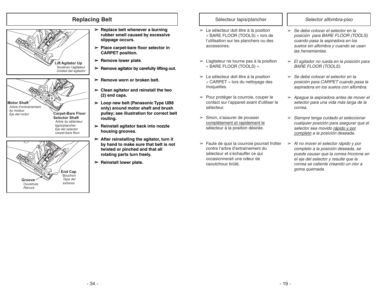 Selecteur tapis/plancher, Selector carpet-bare floor, Replacing belt | Panasonic MC-V7312 User Manual | Page 19 / 52