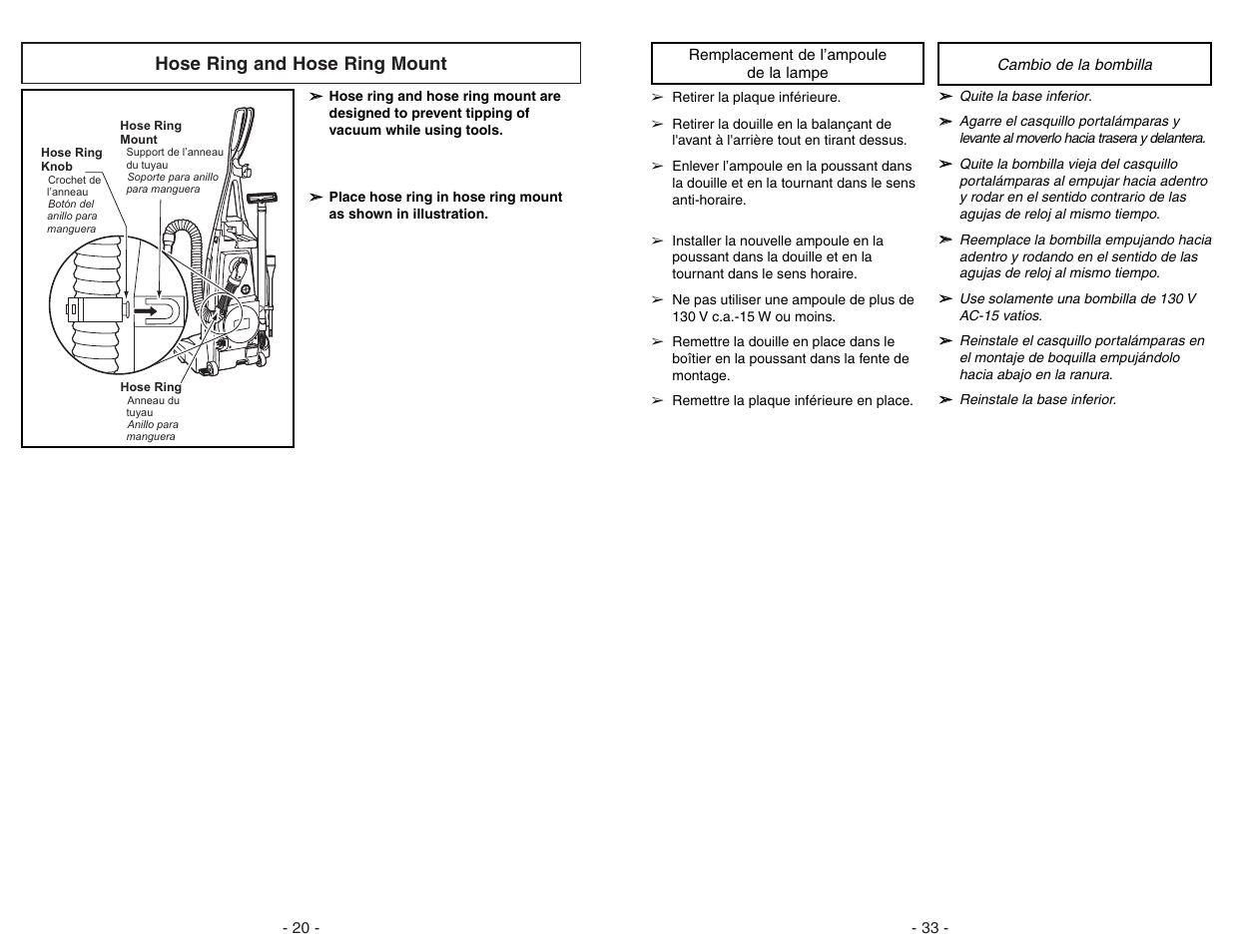 Hose ring and hose ring mount, Off on | Panasonic MC-V7312 User Manual | Page 20 / 52