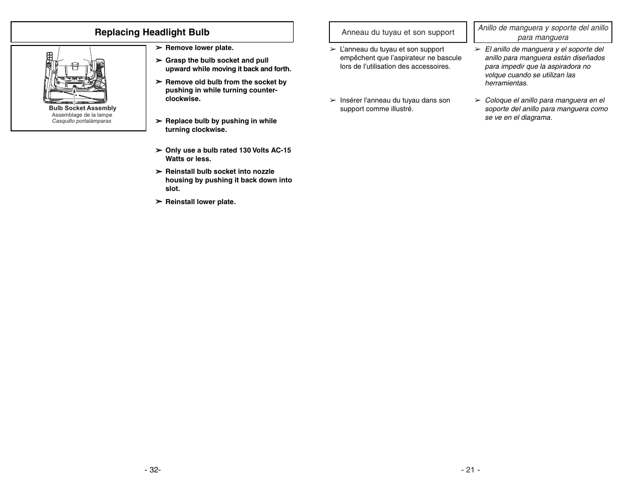 Anneau du tuyau et son support, Replacing headlight bulb | Panasonic MC-V7312 User Manual | Page 21 / 52