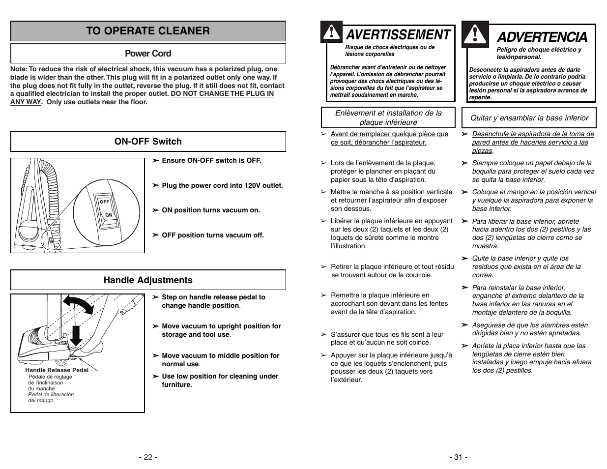 To operate cleaner, Power cord, On-off switch | Handle adjustments, Advertencia, Avertissement | Panasonic MC-V7312 User Manual | Page 22 / 52