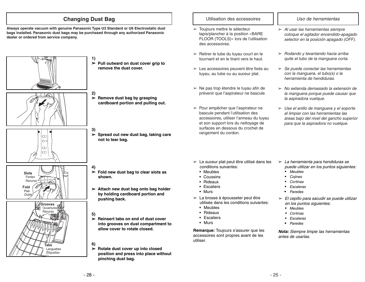 Utilisation des accessoires, Uso de herramientas, Changing dust bag | Car pet bar efl oor (to ols ) | Panasonic MC-V7312 User Manual | Page 25 / 52