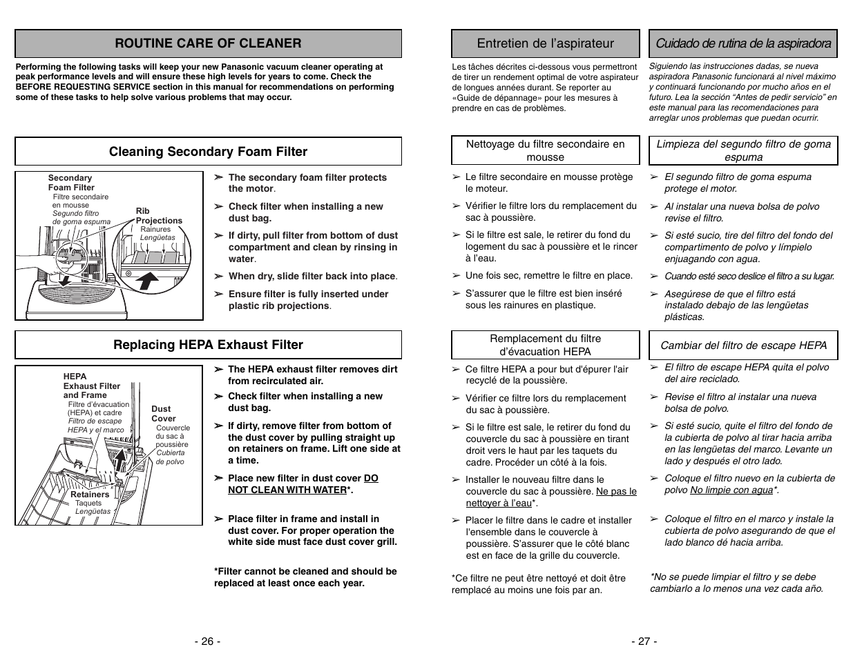 Entretien de l'aspirateur, Nettoyage du filtre secondaire en mousse, Remplacement du filtre d'evacuation hepa | Cuidado de rutina de la aspiradora, Limpieza del segundo filtro de goma espuma, Cambiar del filtro de escape hepa, Routine care of cleaner, Cleaning secondary foam filter, Carpet barefloor (tools), Replacing hepa exhaust filter | Panasonic MC-V7312 User Manual | Page 27 / 52