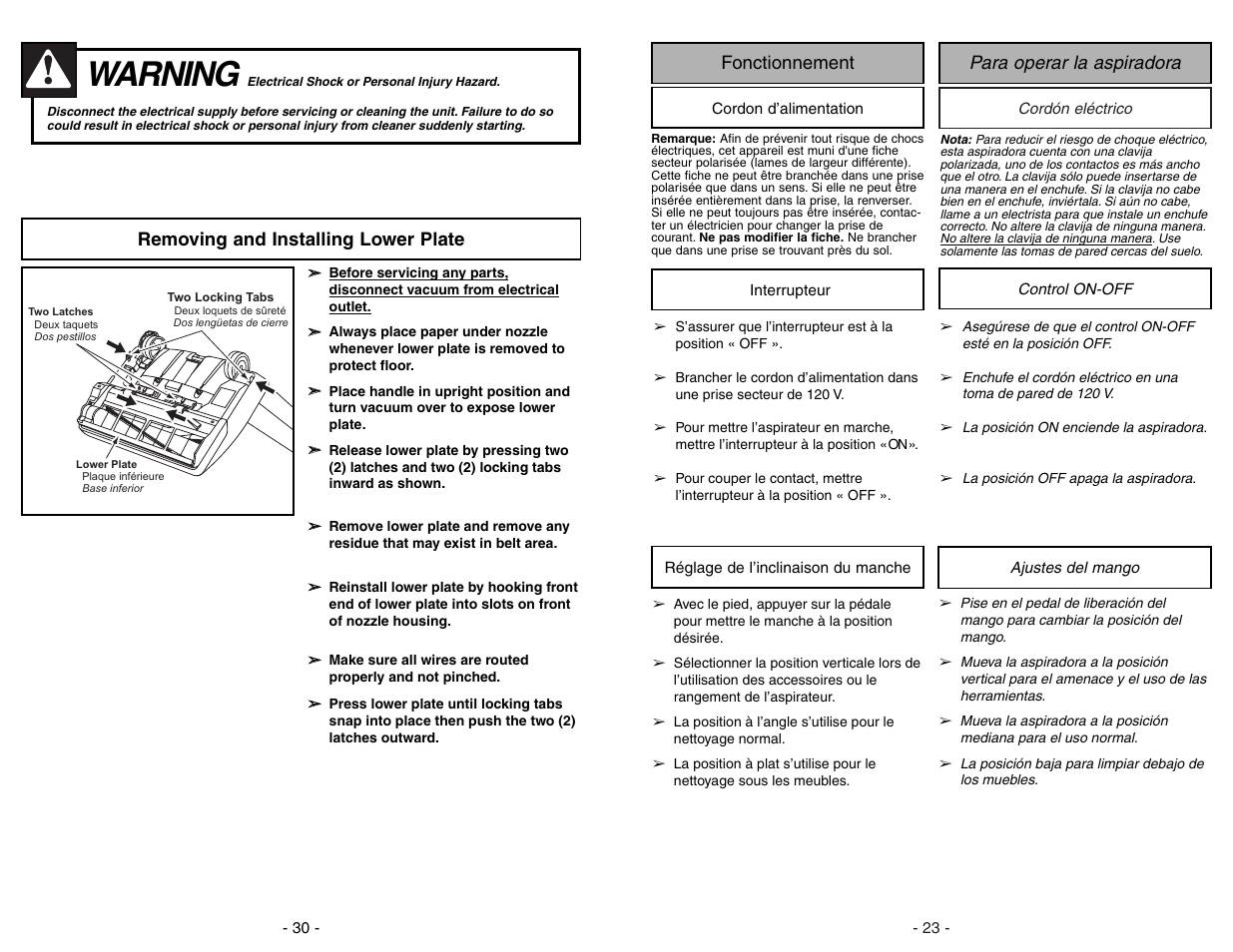 Removing and installing lower plate, Warning, Para operar la aspiradora fonctionnement | Panasonic MC-V7312 User Manual | Page 30 / 52