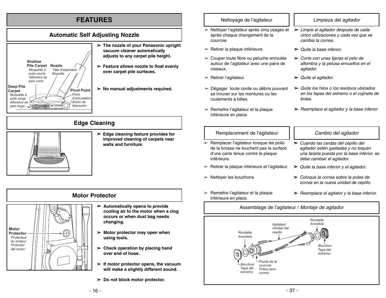 Nettoyage de l'agitateur, Remplacement de l'agitateur, Assemblage de l'agitateur | Limpieza del agitador, Cambio del agitador, Montaje de agitador, Features, Edge cleaning automatic self adjusting nozzle, Carpet bare floor, Motor protector | Panasonic MC-V7312 User Manual | Page 37 / 52