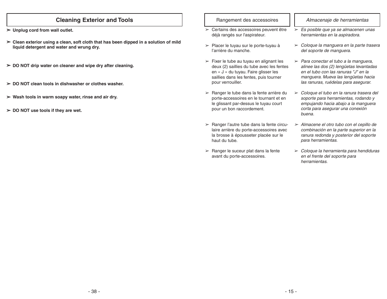 Cleaning exterior and tools | Panasonic MC-V7312 User Manual | Page 38 / 52