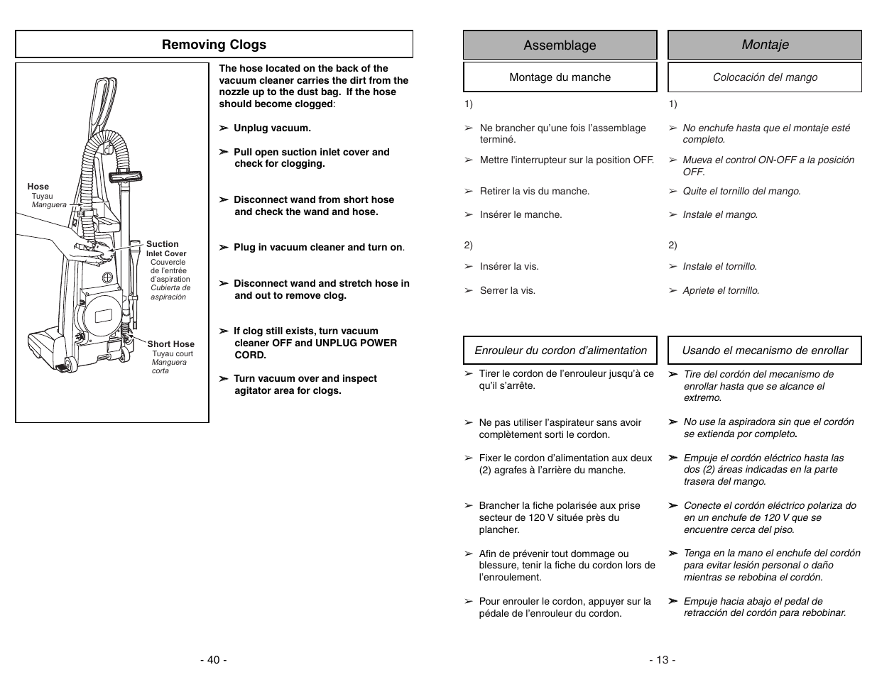 Removing clogs, Montaje assemblage, Off on | Panasonic MC-V7312 User Manual | Page 40 / 52