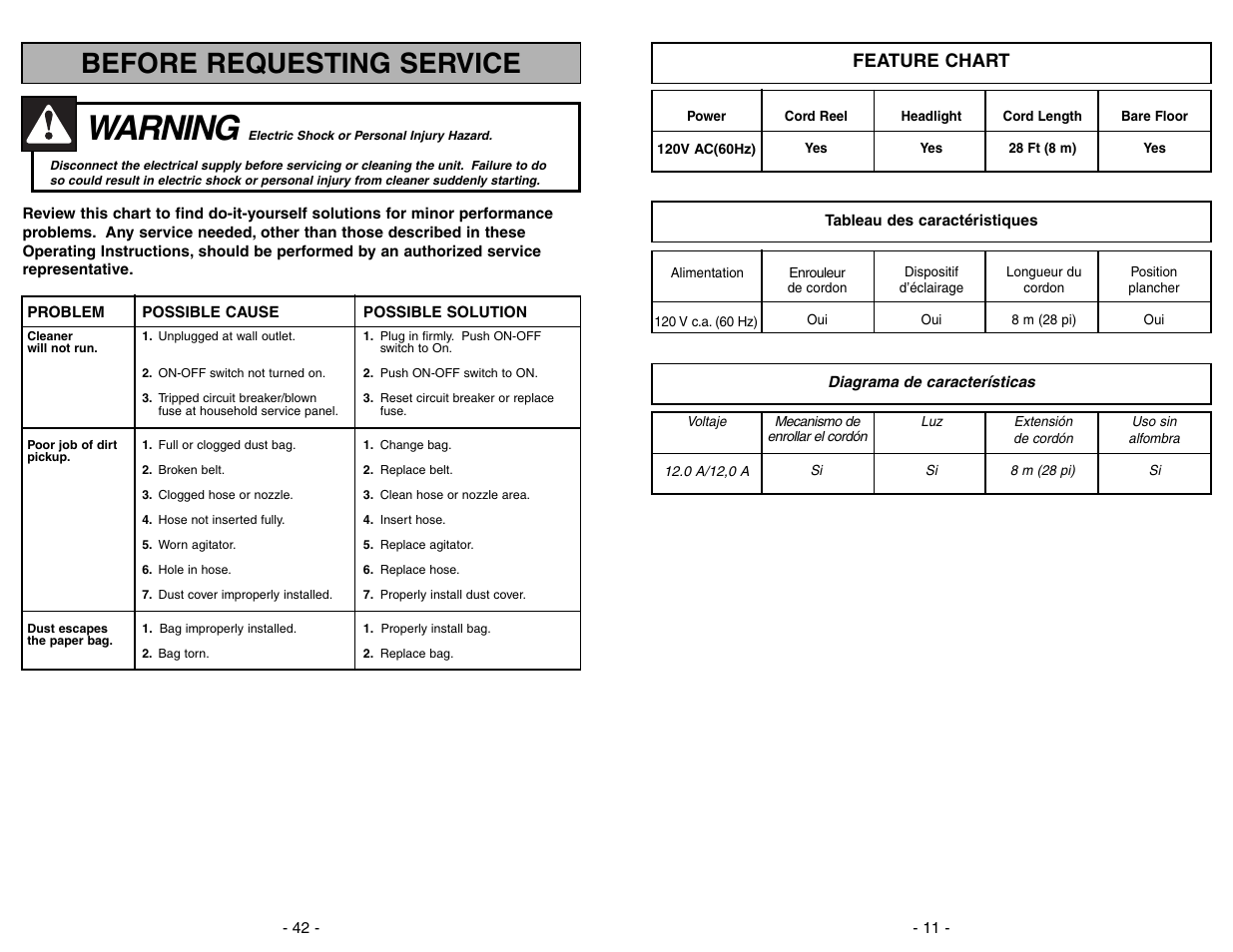 Before requesting service, Warning, Feature chart | Panasonic MC-V7312 User Manual | Page 42 / 52