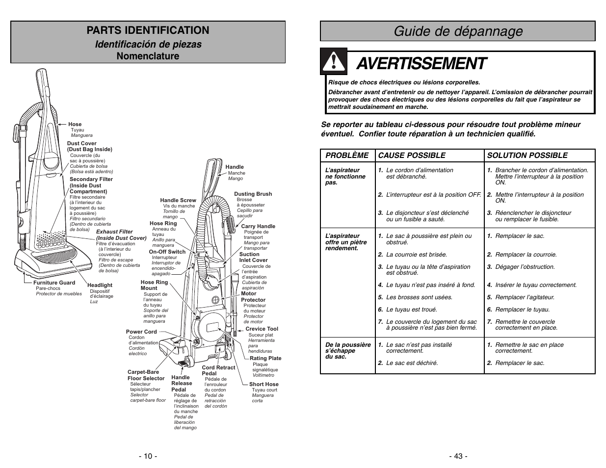 Guide de depannage, Avertissement, Guide de dépannage | Parts identification, Identificación de piezas nomenclature, Off on | Panasonic MC-V7312 User Manual | Page 43 / 52