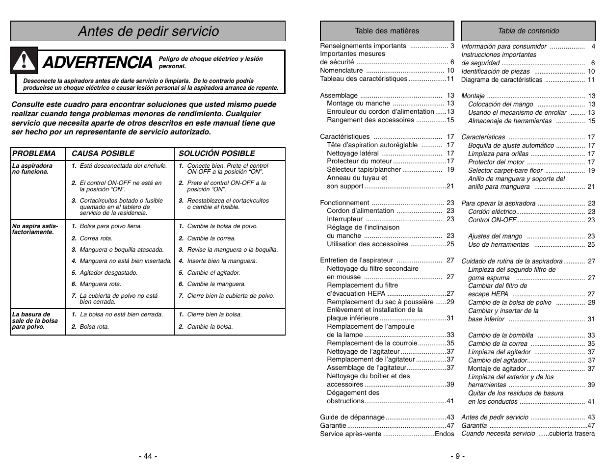 Antes de pedir servicio, Advertencia | Panasonic MC-V7312 User Manual | Page 44 / 52