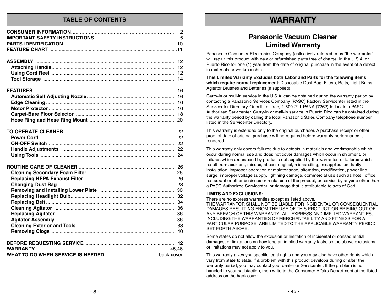 Warranty, Panasonic vacuum cleaner limited warranty | Panasonic MC-V7312 User Manual | Page 45 / 52