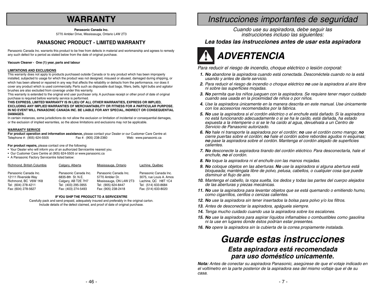 Advertencia, Guarde estas instrucciones, Instrucciones importantes de seguridad | Warranty | Panasonic MC-V7312 User Manual | Page 46 / 52